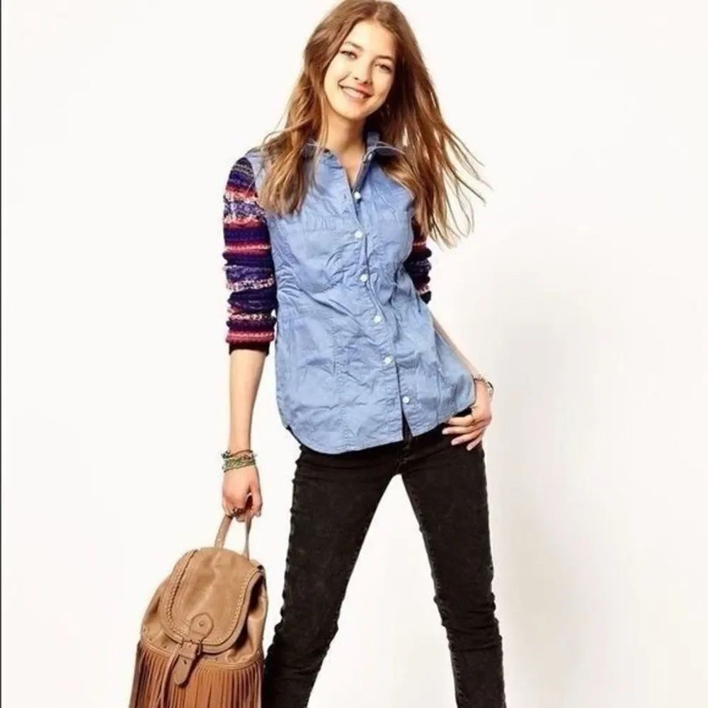 ✨We the Free People Fair Isle Sweater Knit Sleeve Chambray Sz SX✨
